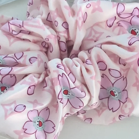 L.V. Inspired Murakami Pink On Pink Hair Scrunchie - Silk - Picture 1 of 2